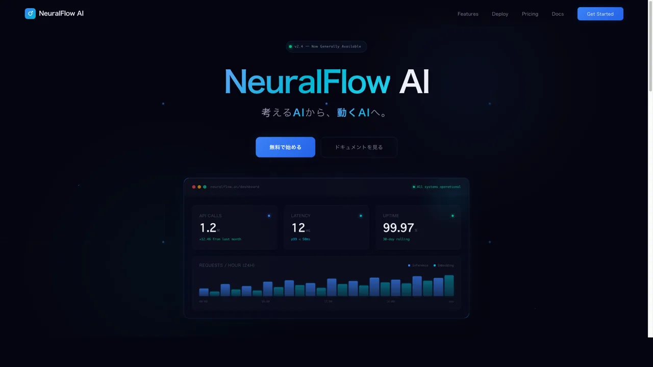 NeuralFlow AI — ダークトーンで数値を見せるSaaS風のランディングページ