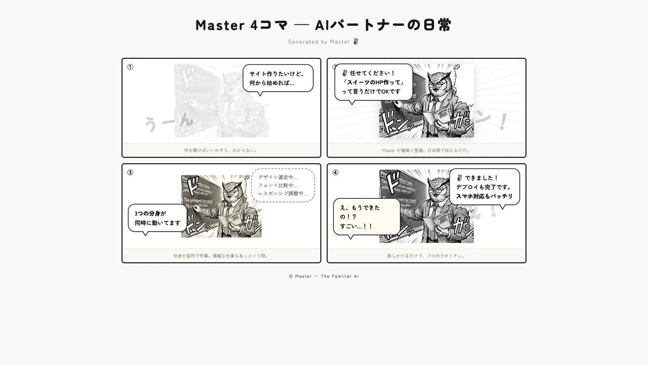 Master 4コマ — AIパートナーの日常を描いた4コマ漫画