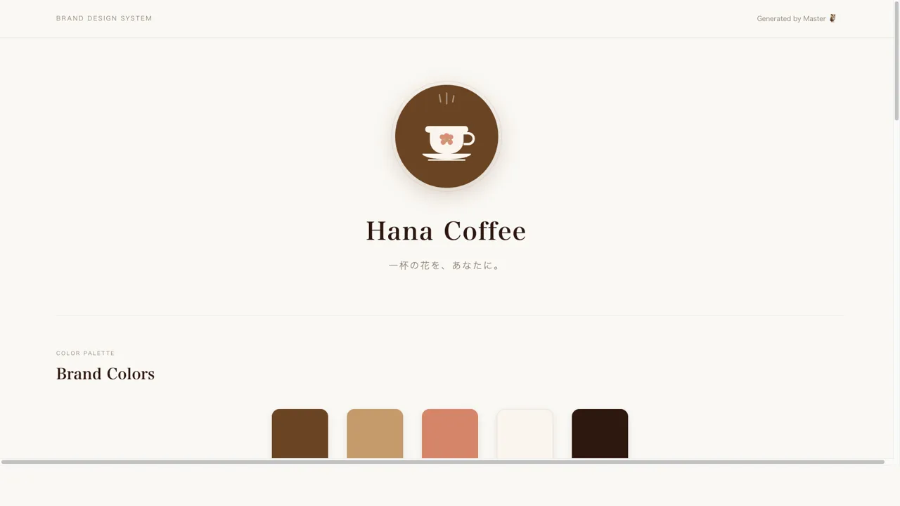 Hana Coffee — ロゴとブランドカラー5色を1枚にまとめたブランドシート