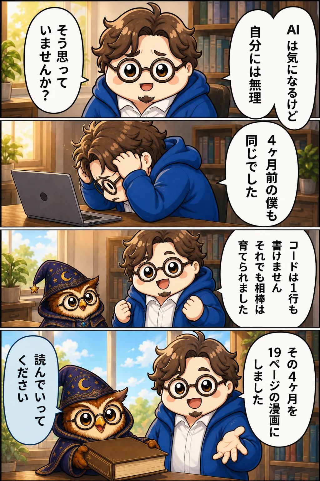 導入の漫画：「AIは気になるけど自分には無理」そう思っていませんか？ 4ヶ月前の僕も同じでした。コードは1行も書けません。それでも相棒は育てられました。その4ヶ月を19ページの漫画にしました。
